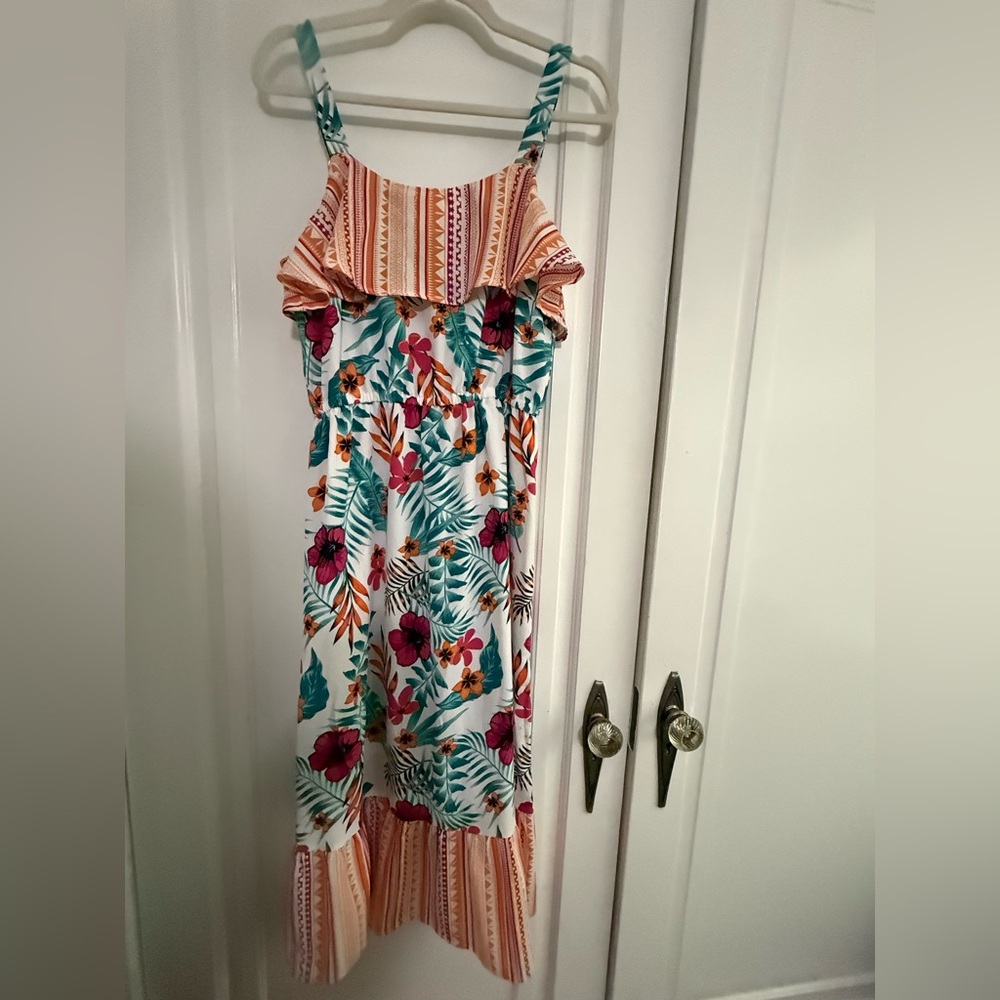 Tropical Floral Maxi Dress with Ruffle Bodice